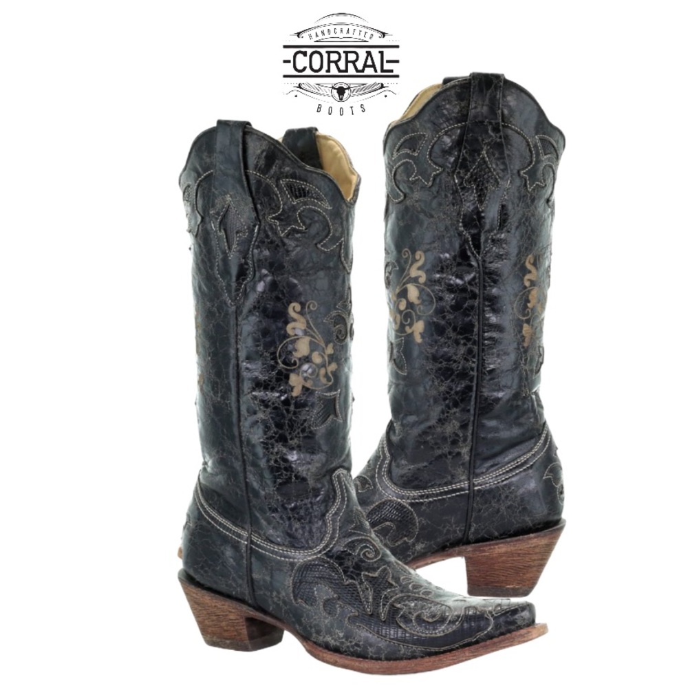 Corral C1198 Lizard Inlay Black Distressed Cowboy